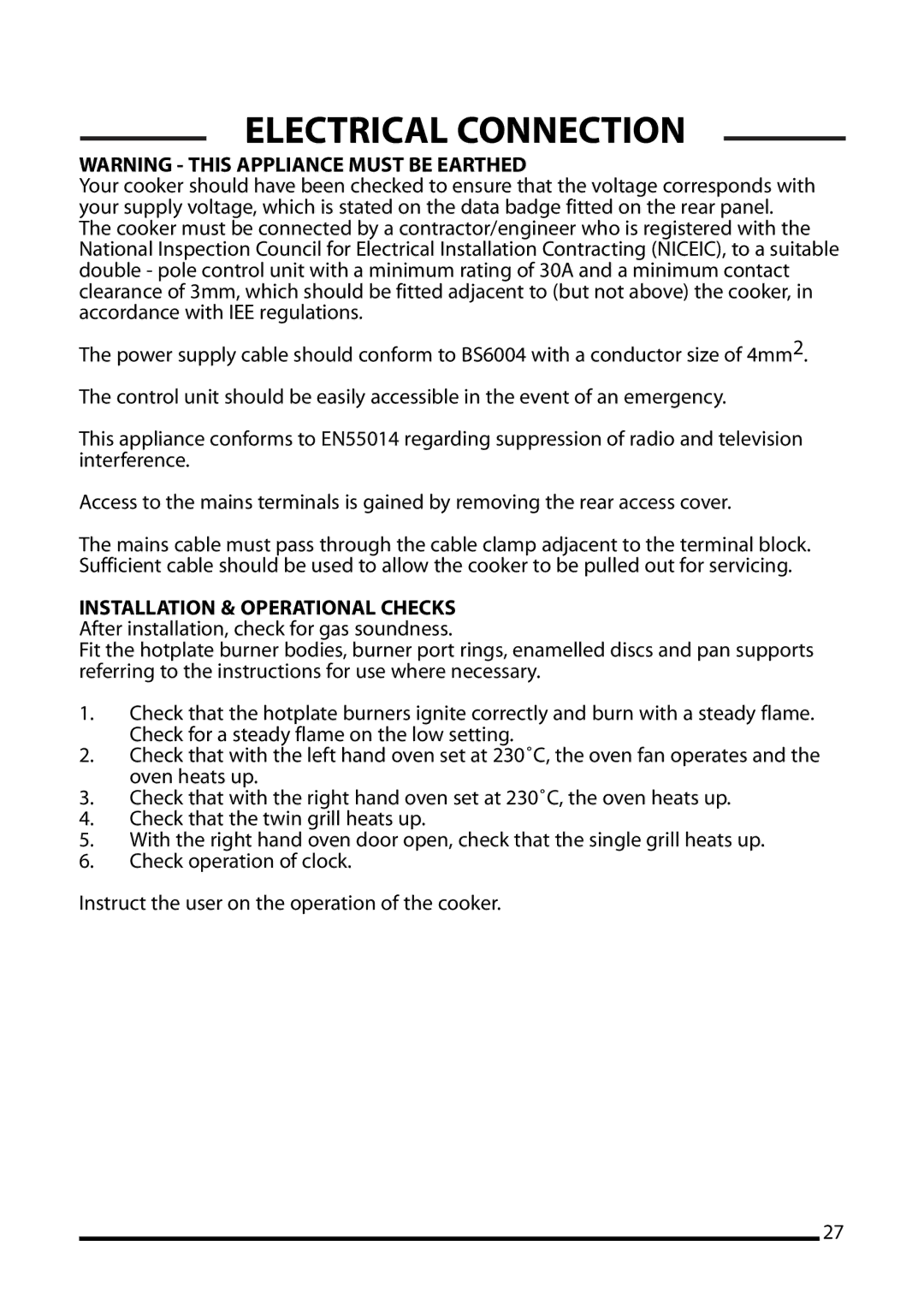 Cannon 10425G, ICON 1000 installation instructions Electrical Connection 