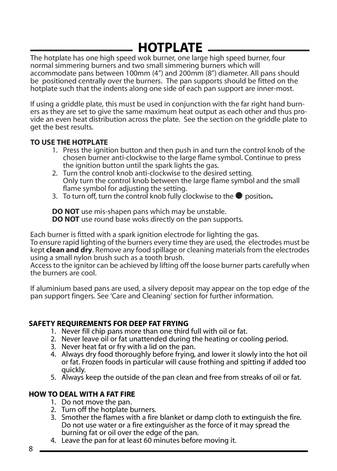 Cannon ICON 1000, 10425G To USE the Hotplate, Safety Requirements for Deep FAT Frying, HOW to Deal with a FAT Fire 