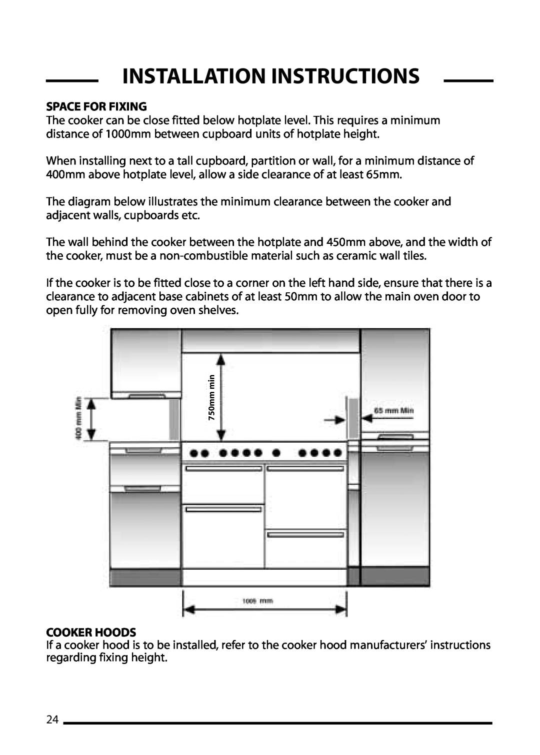 Cannon ICON 1000, 10425G installation instructions Space For Fixing, Cooker Hoods, Installation Instructions, 750mm min 