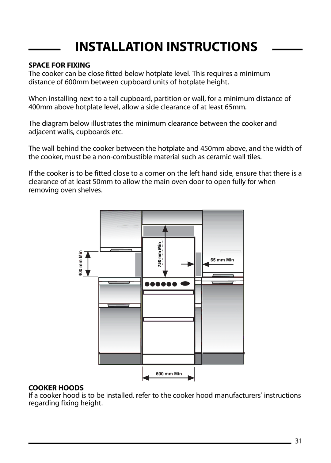 Cannon 10410G, ICON 600 installation instructions Space for Fixing, Cooker Hoods 