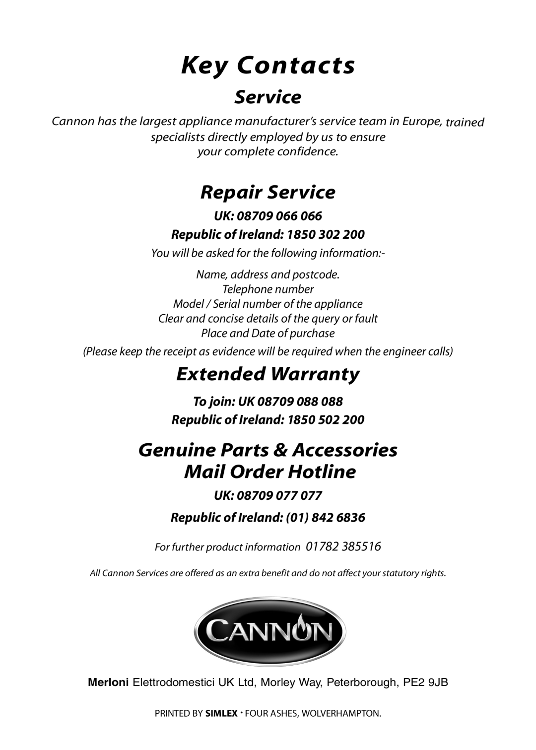 Cannon ICON 600, 10410G installation instructions Key Contacts 