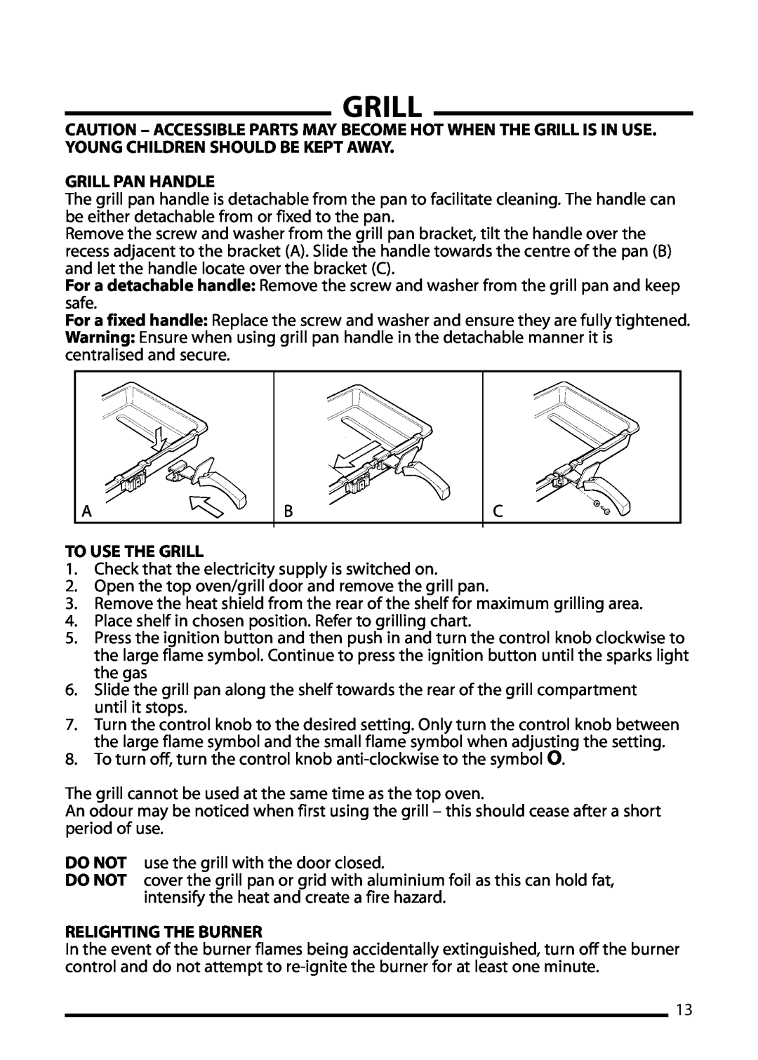 Cannon 10410G, ICON 600 installation instructions Grill Pan Handle, To Use The Grill, Relighting The Burner 