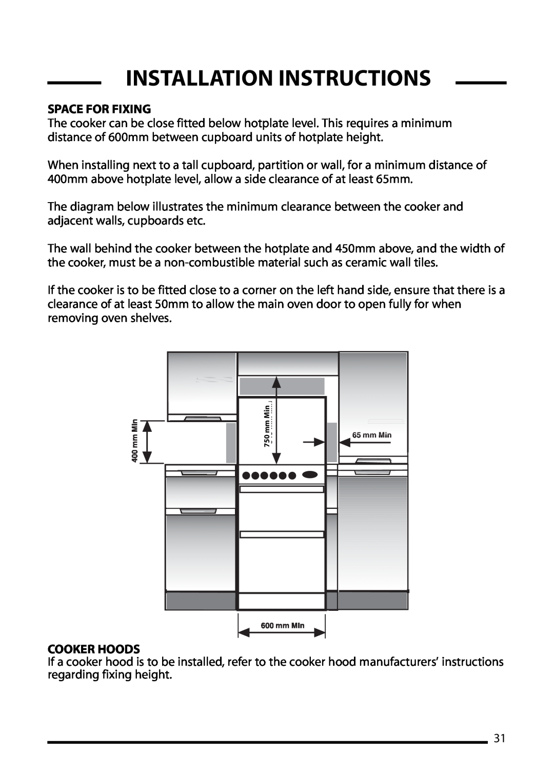 Cannon 10410G, ICON 600 installation instructions Space For Fixing, Cooker Hoods, Installation Instructions 