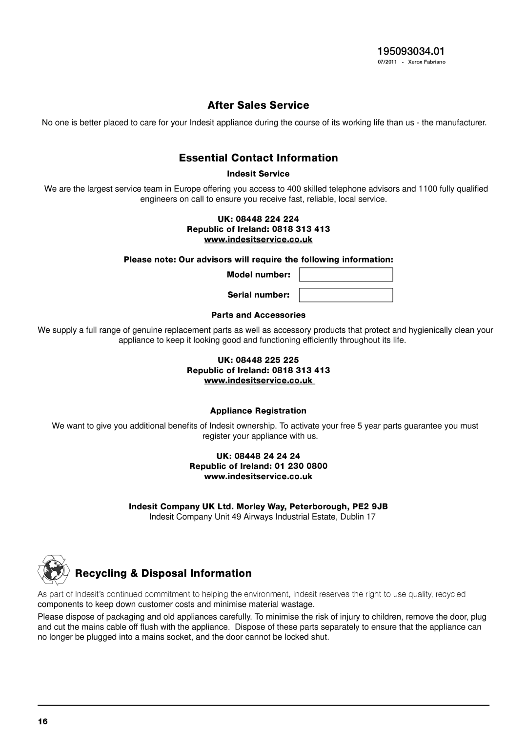 Cannon IWC manual 195093034.01, After Sales Service, Essential Contact Information, Recycling & Disposal Information 