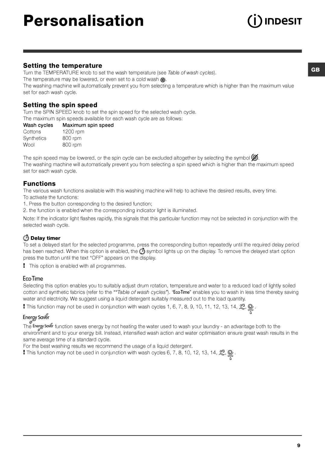 Cannon IWD manual Personalisation, Functions, Table of wash cycles, Set for each wash cycle 