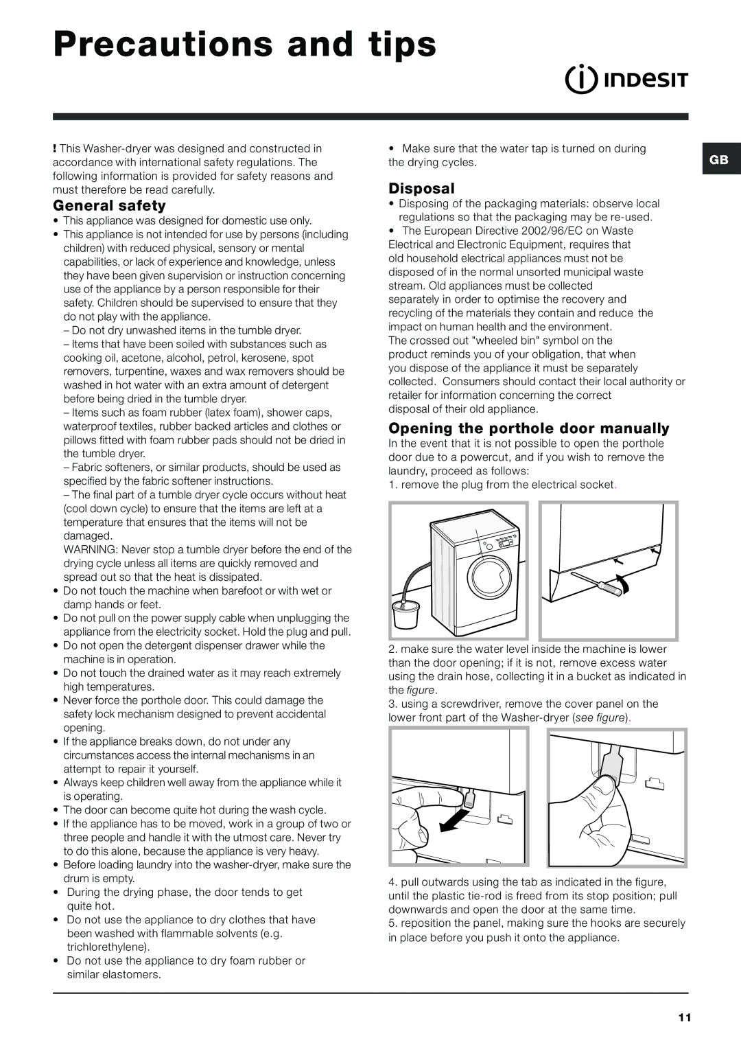 Cannon IWDE instruction manual Precautions and tips, General safety, Disposal, Opening the porthole door manually 