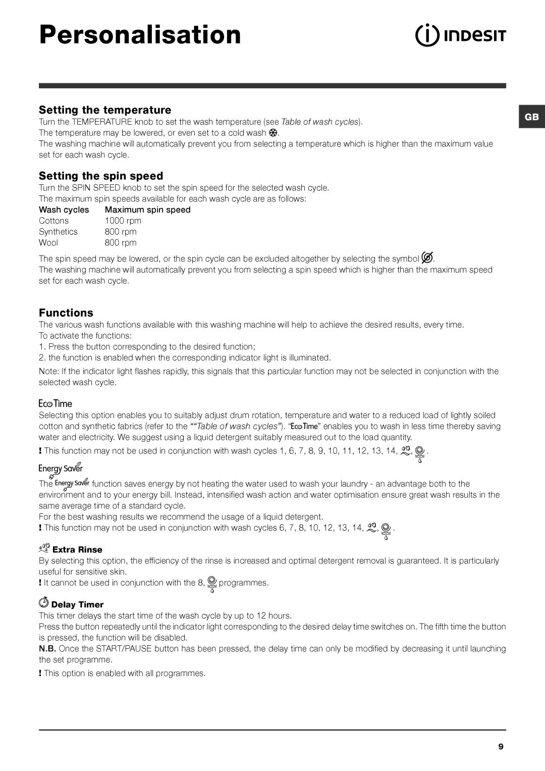 Cannon IWSC manual Personalisation, Functions, Table of wash cycles, Set for each wash cycle 