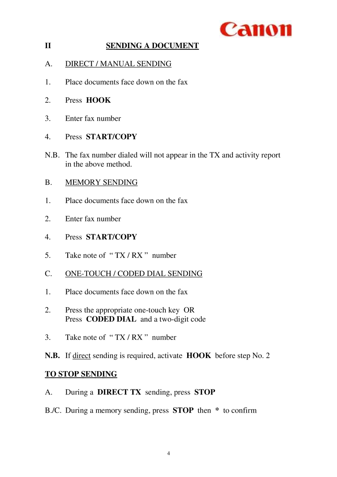 Cannon L350 Direct / Manual Sending, Press START/COPY, Memory Sending, ONE-TOUCH / Coded Dial Sending, To Stop Sending 