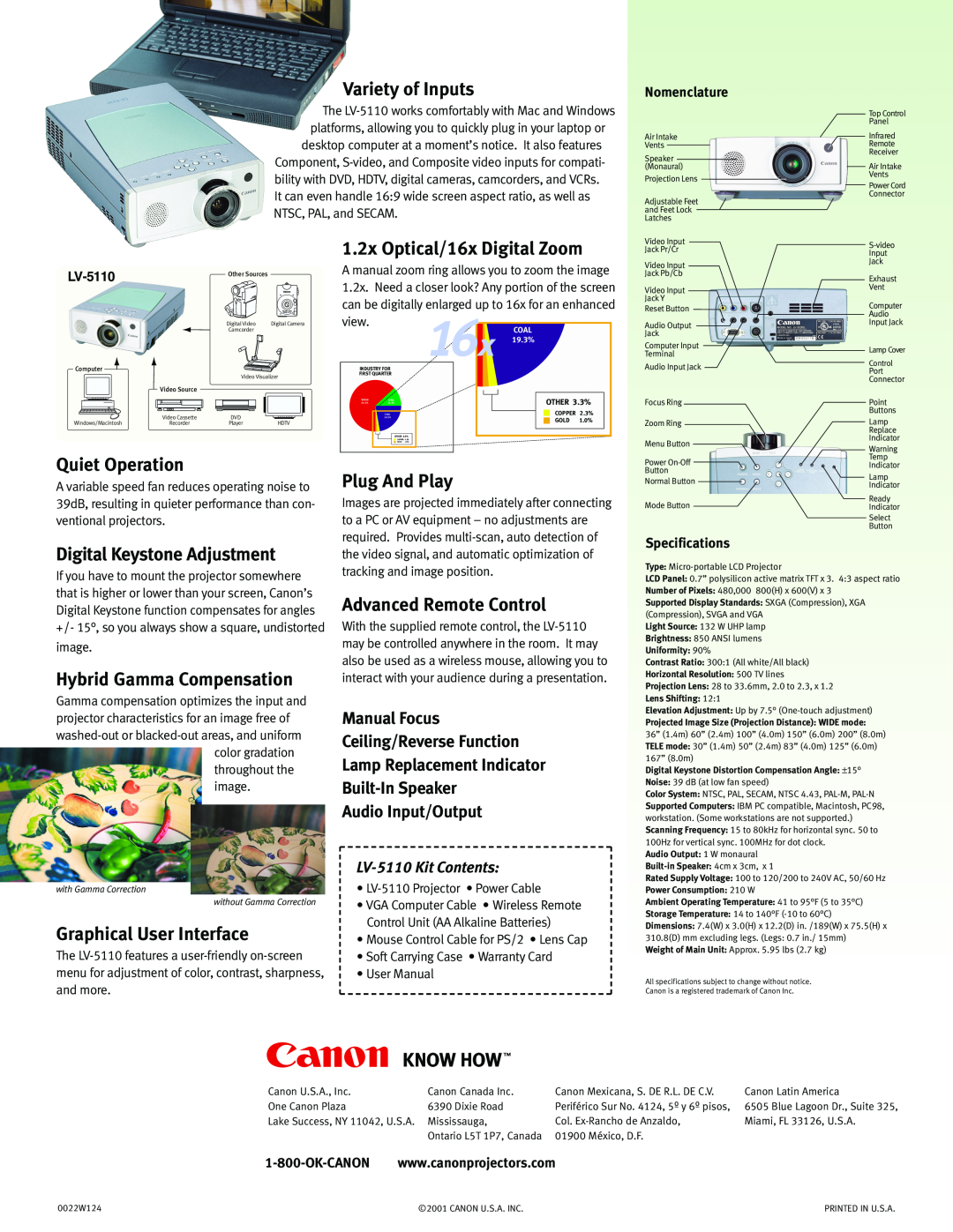 Cannon LV-5110 manual Variety of Inputs, 1.2x Optical/16x Digital Zoom, Quiet Operation, Digital Keystone Adjustment 