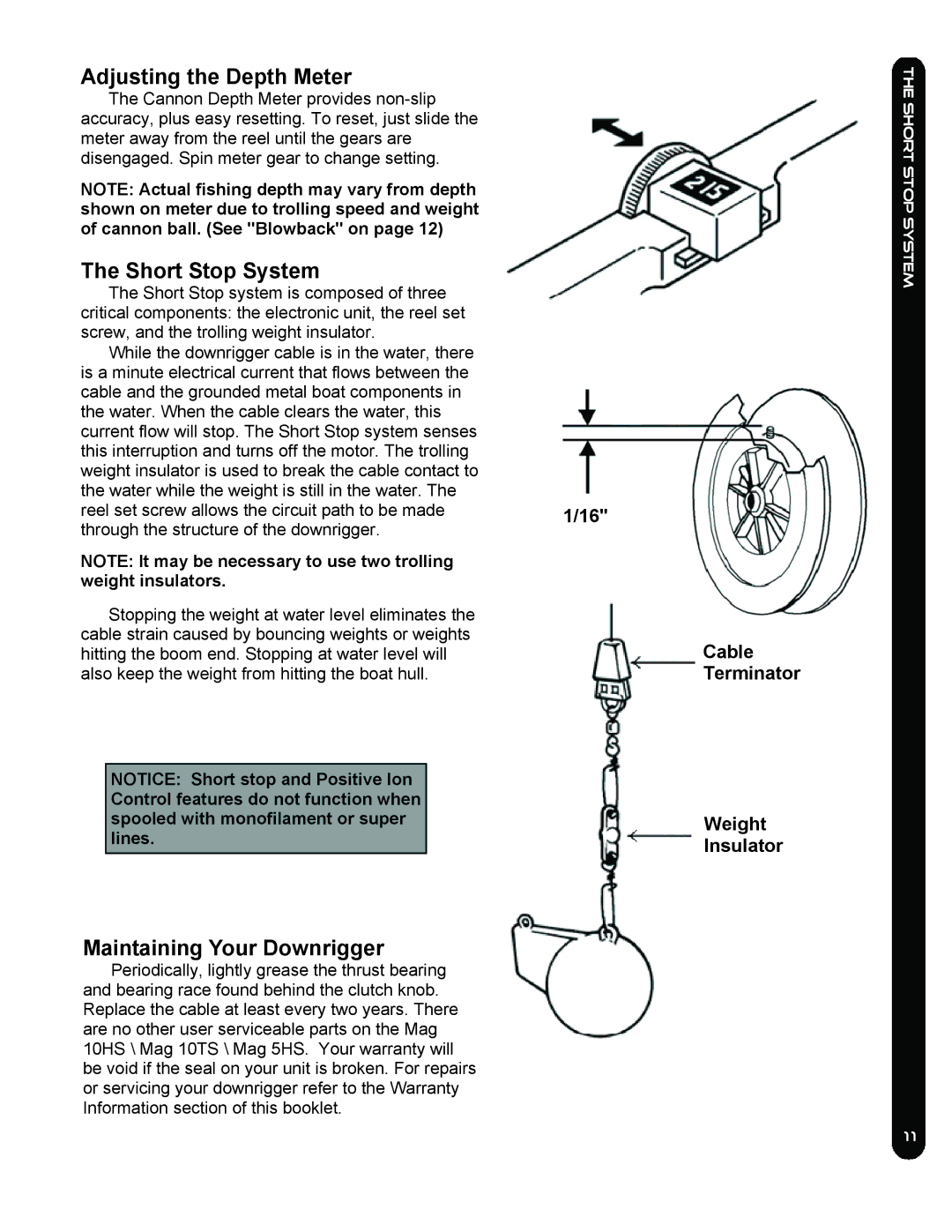 Cannon Mag 10ts, MAG 10HS, Mag 5 Hs owner manual Adjusting the Depth Meter, Short Stop System, Maintaining Your Downrigger 