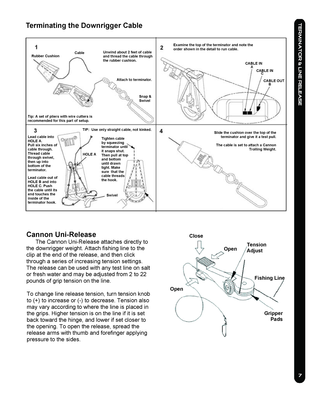 Cannon Mag 5 Hs, MAG 10HS, Mag 10ts owner manual Terminating the Downrigger Cable, Cannon Uni-Release 