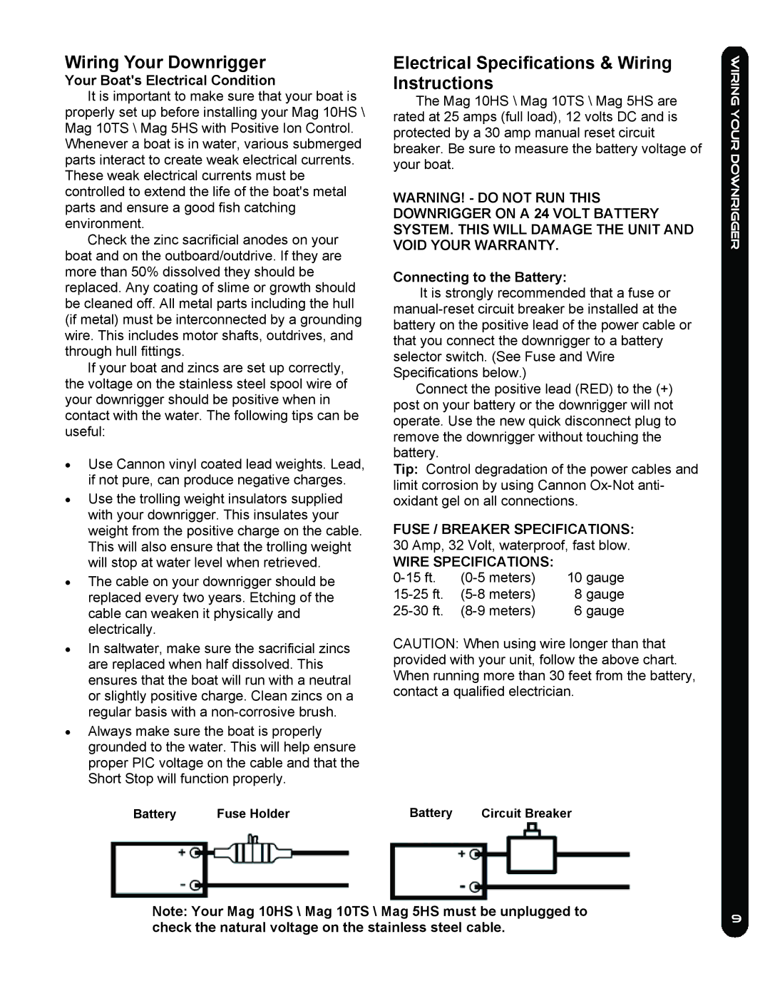 Cannon MAG 10HS Wiring Your Downrigger, Electrical Specifications & Wiring Instructions, Your Boats Electrical Condition 