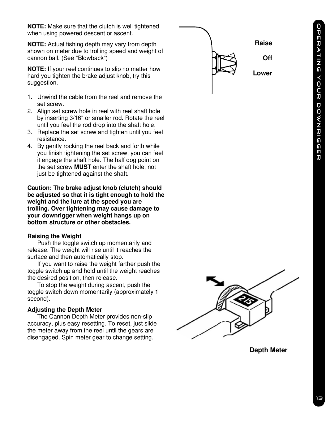 Cannon Mag 20 Dt/Ts, Mag 20 Dt/Hs owner manual Raising the Weight, Adjusting the Depth Meter 