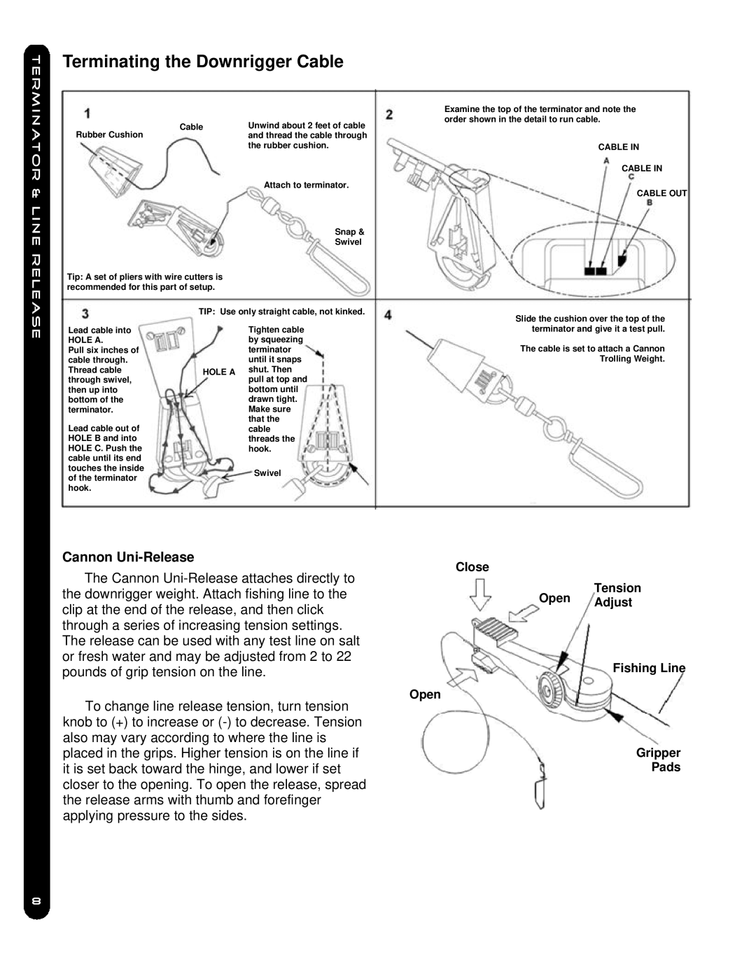 Cannon Mag 20 Dt/Hs, Mag 20 Dt/Ts owner manual Terminating the Downrigger Cable, Cannon Uni-Release 