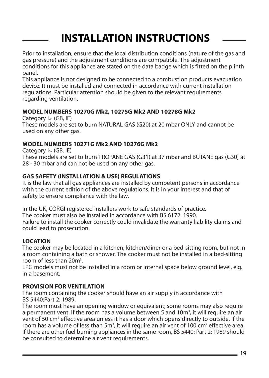 Cannon None Installation Instructions, GAS Safety Installation & USE Regulations, Location, Provision for Ventilation 