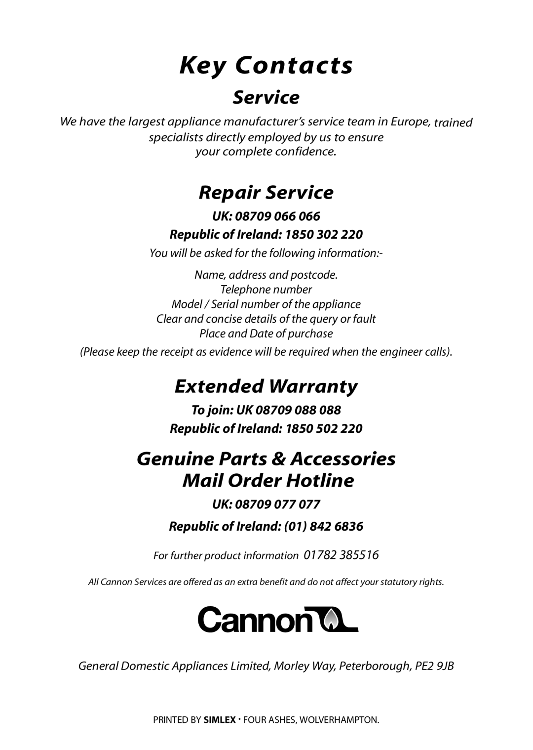 Cannon None installation instructions Key Contacts 