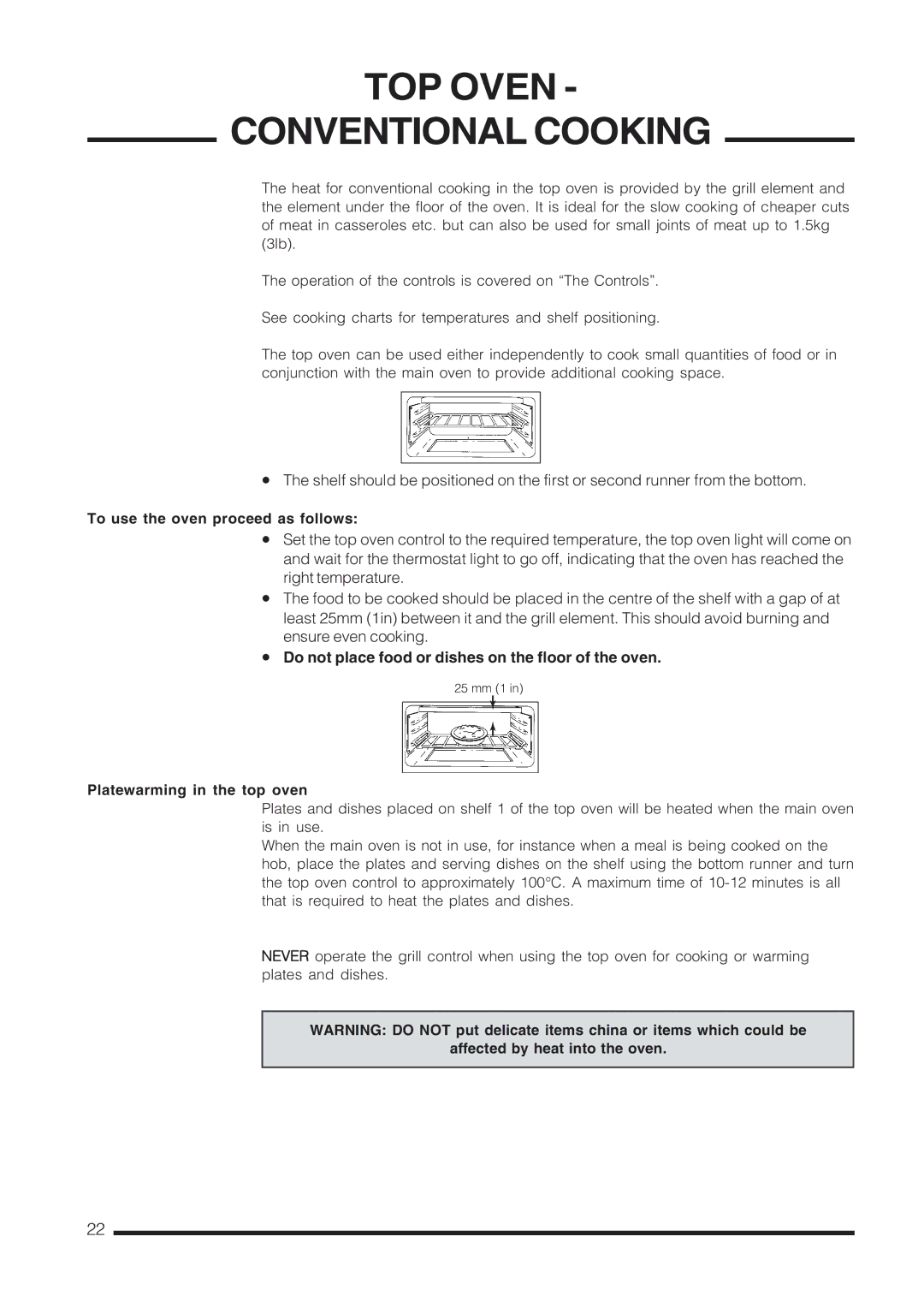 Cannon Pressure Cookers TOP Oven Conventional Cooking, To use the oven proceed as follows, Platewarming in the top oven 