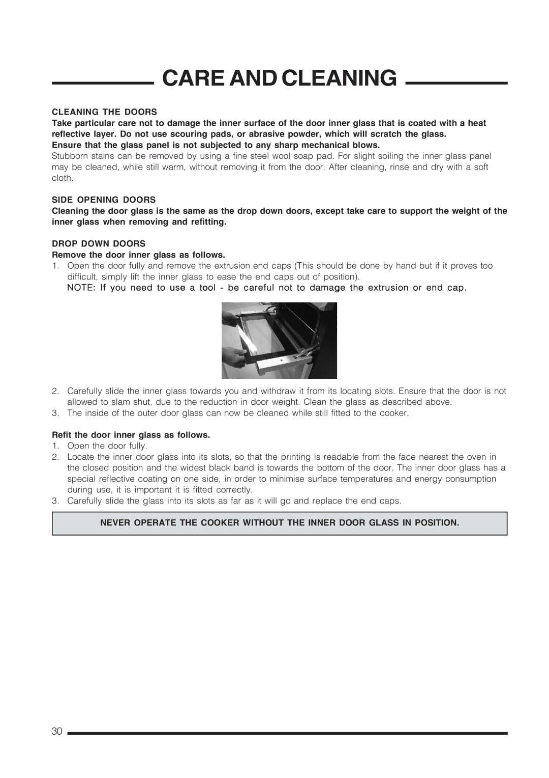 Cannon Pressure Cookers Cleaning the Doors, Side Opening Doors, Drop Down Doors, Remove the door inner glass as follows 