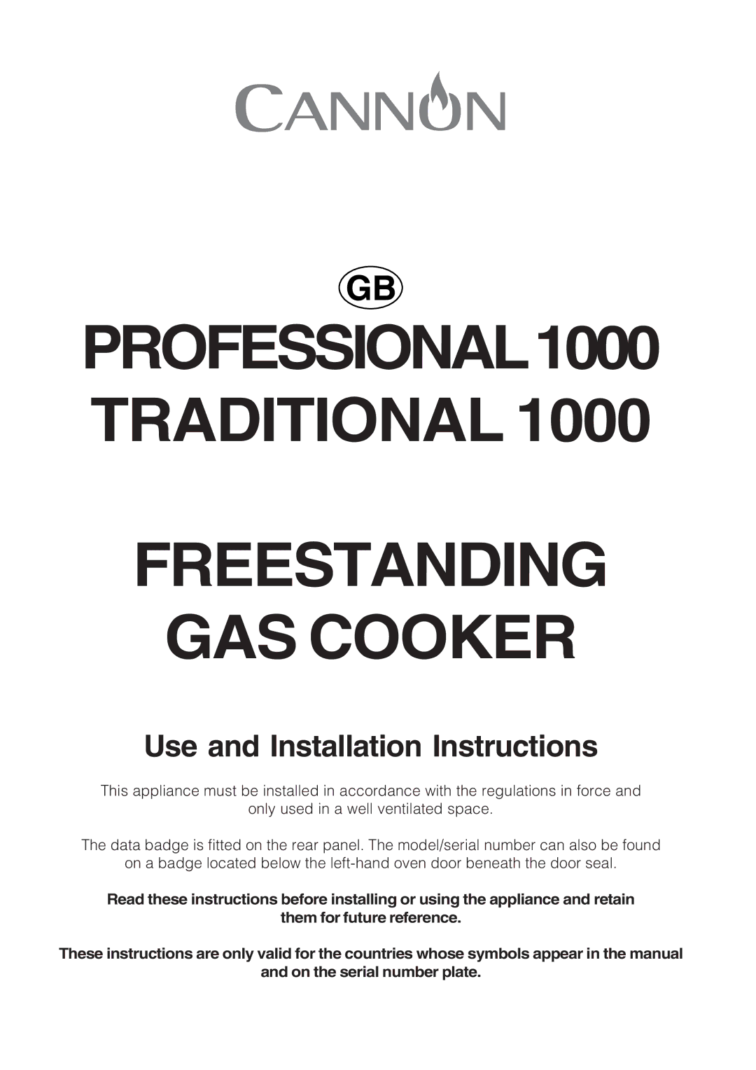 Cannon Professional installation instructions Freestanding GAS Cooker 