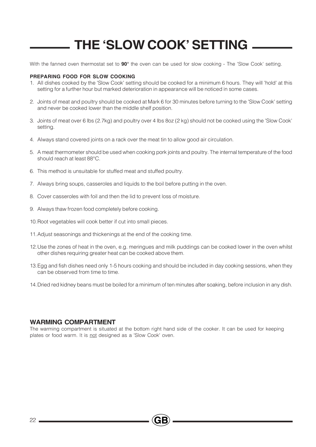 Cannon Professional installation instructions ‘SLOW COOK’ Setting, Warming Compartment, Preparing Food for Slow Cooking 