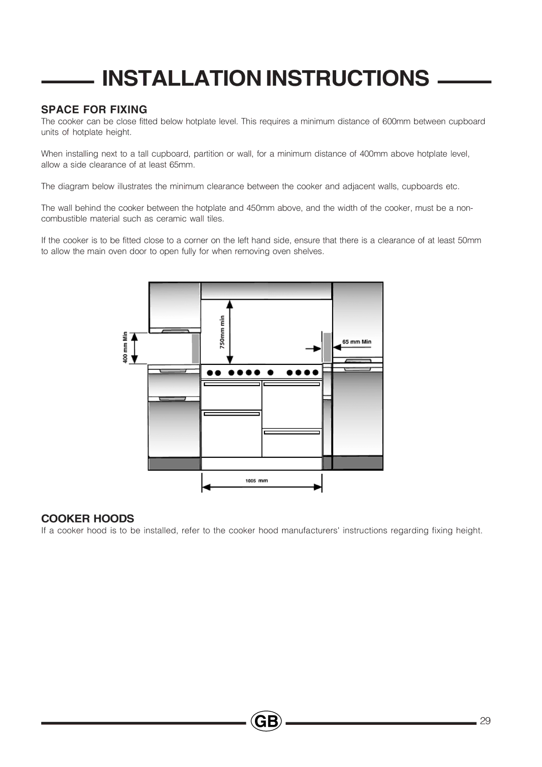 Cannon Professional installation instructions Space for Fixing, Cooker Hoods 