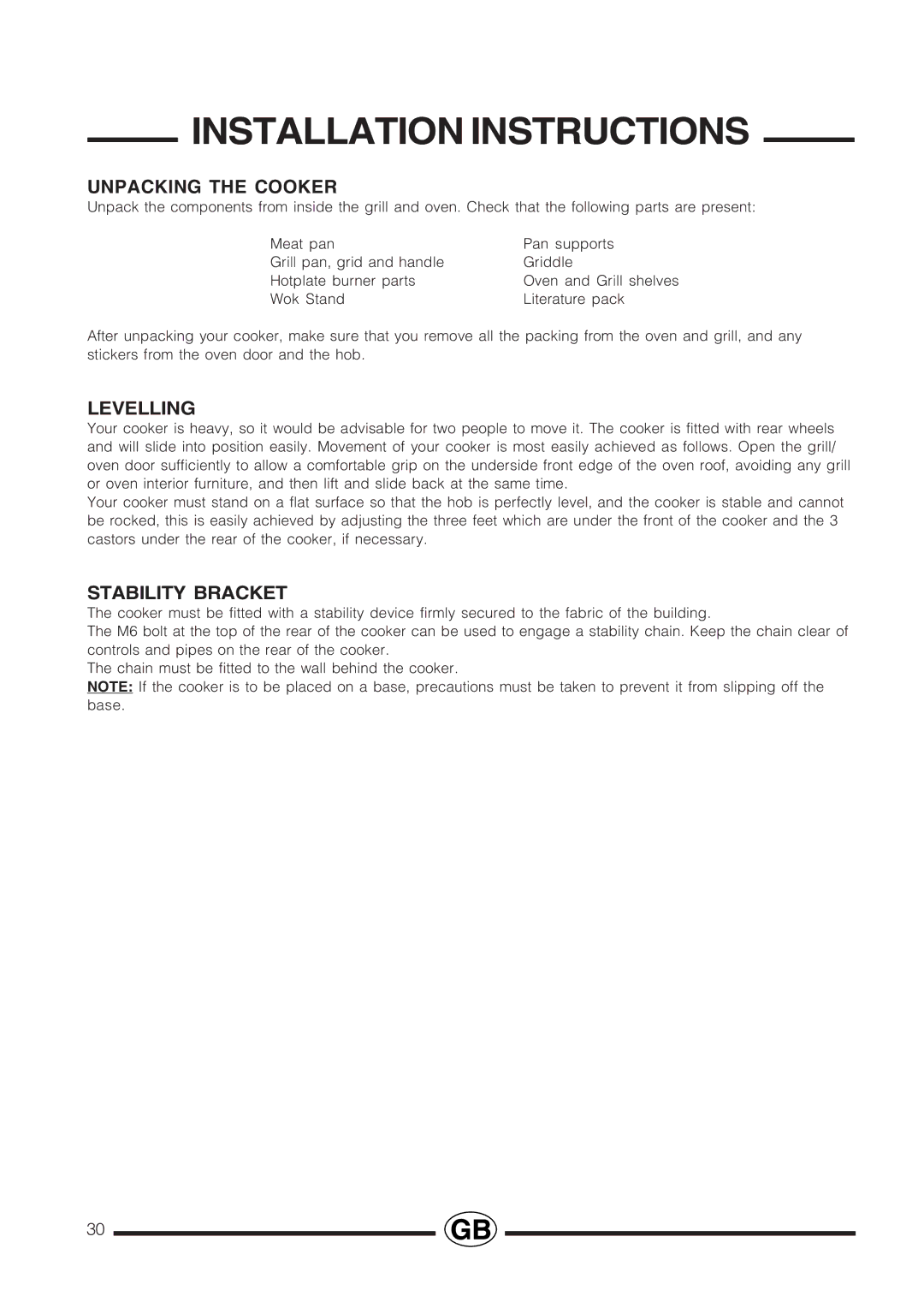 Cannon Professional installation instructions Unpacking the Cooker, Levelling, Stability Bracket 