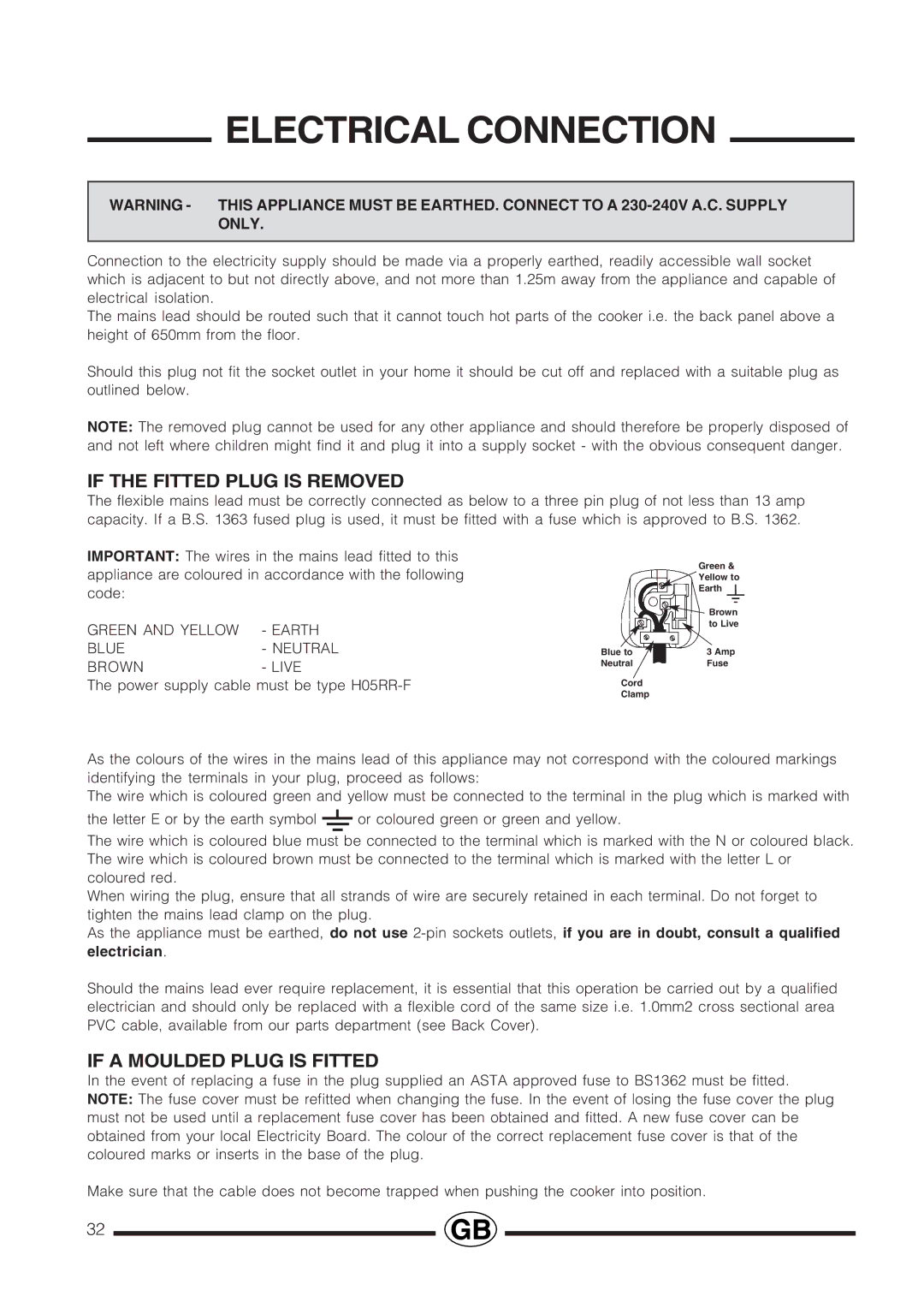 Cannon Professional Electrical Connection, If the Fitted Plug is Removed, If a Moulded Plug is Fitted, Brown Live 