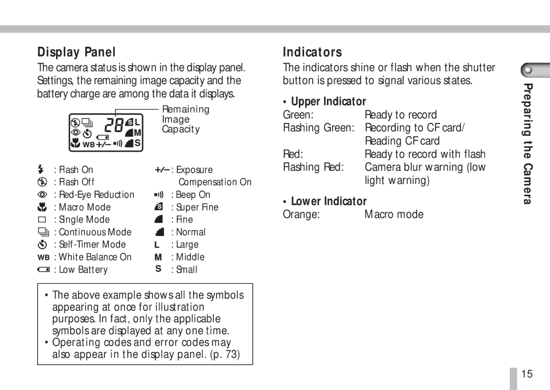 Cannon PS1025 manual Display Panel, Indicators, Upper Indicator, Lower Indicator, Flashing Green Recording to CF card 