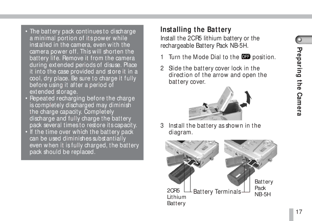 Cannon PS1025 Installing the Battery, Rechargeable Battery Pack NB-5H, Direction of the arrow and open, Battery Terminals 