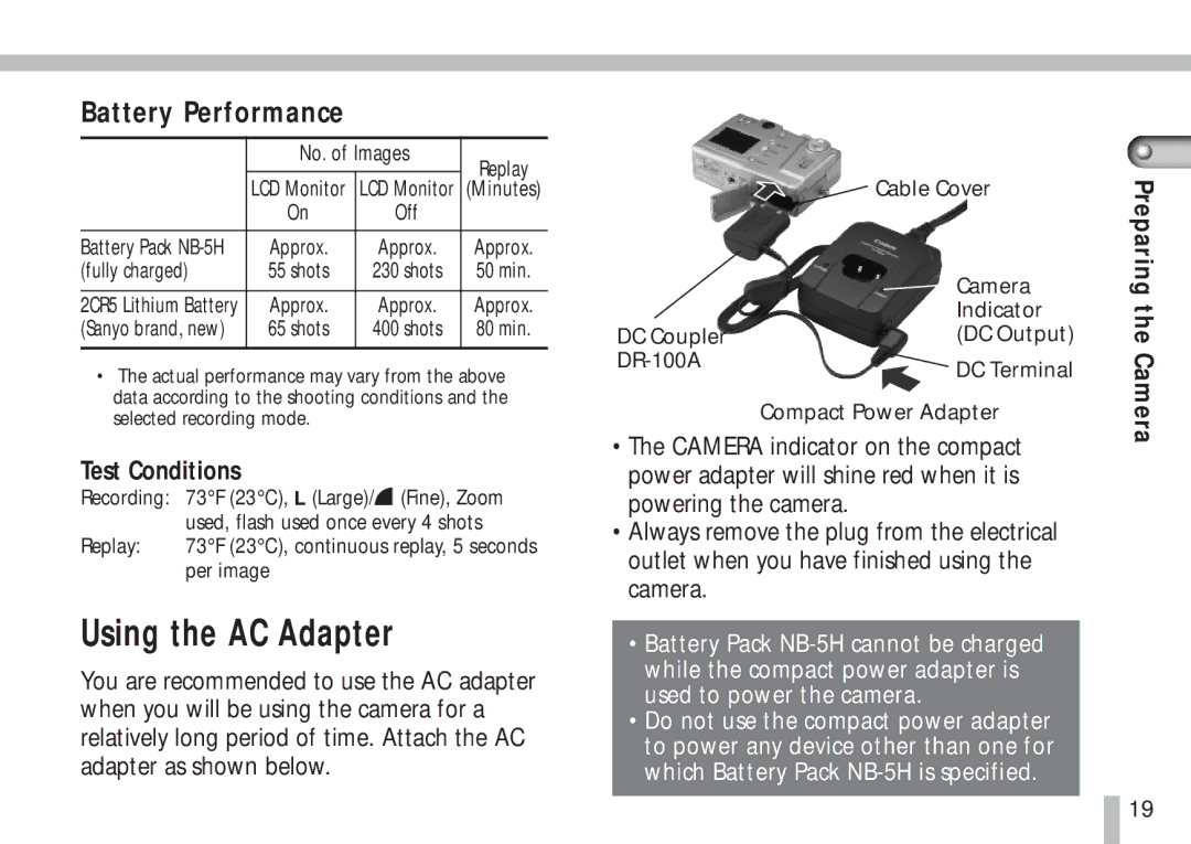 Cannon PS1025 manual Using the AC Adapter, Battery Performance, Test Conditions 