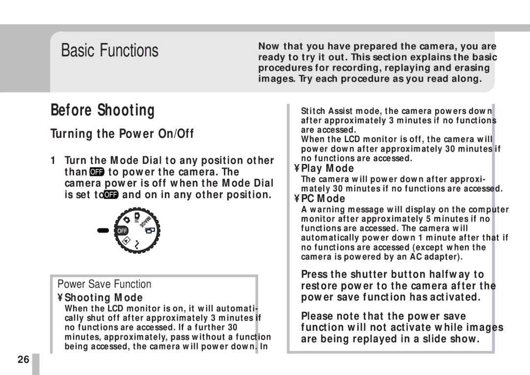 Cannon PS1025 manual Before Shooting, Turning the Power On/Off, Power Save Function, Shooting Mode, Play Mode 