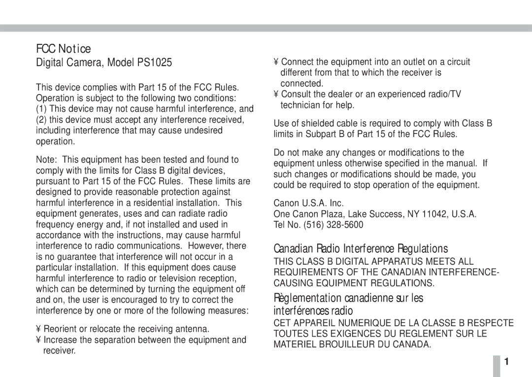 Cannon PS1025 FCC Notice, Canadian Radio Interference Regulations, Règlementation canadienne sur les interférences radio 