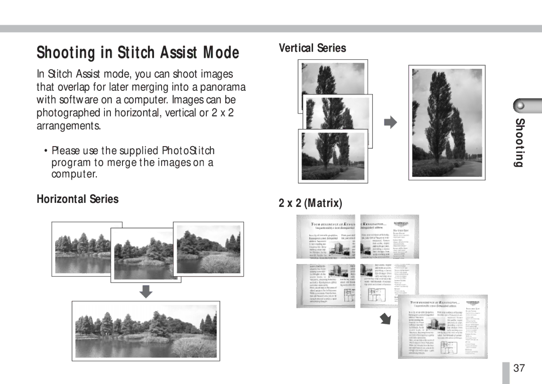 Cannon PS1025 manual Shooting in Stitch Assist Mode, Horizontal Series Vertical Series 2 Matrix 