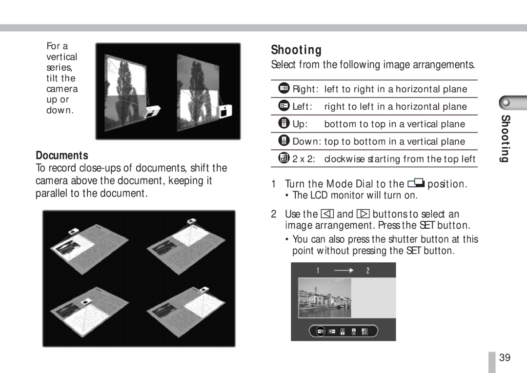 Cannon PS1025 manual Shooting, Documents, Select from the following image arrangements 