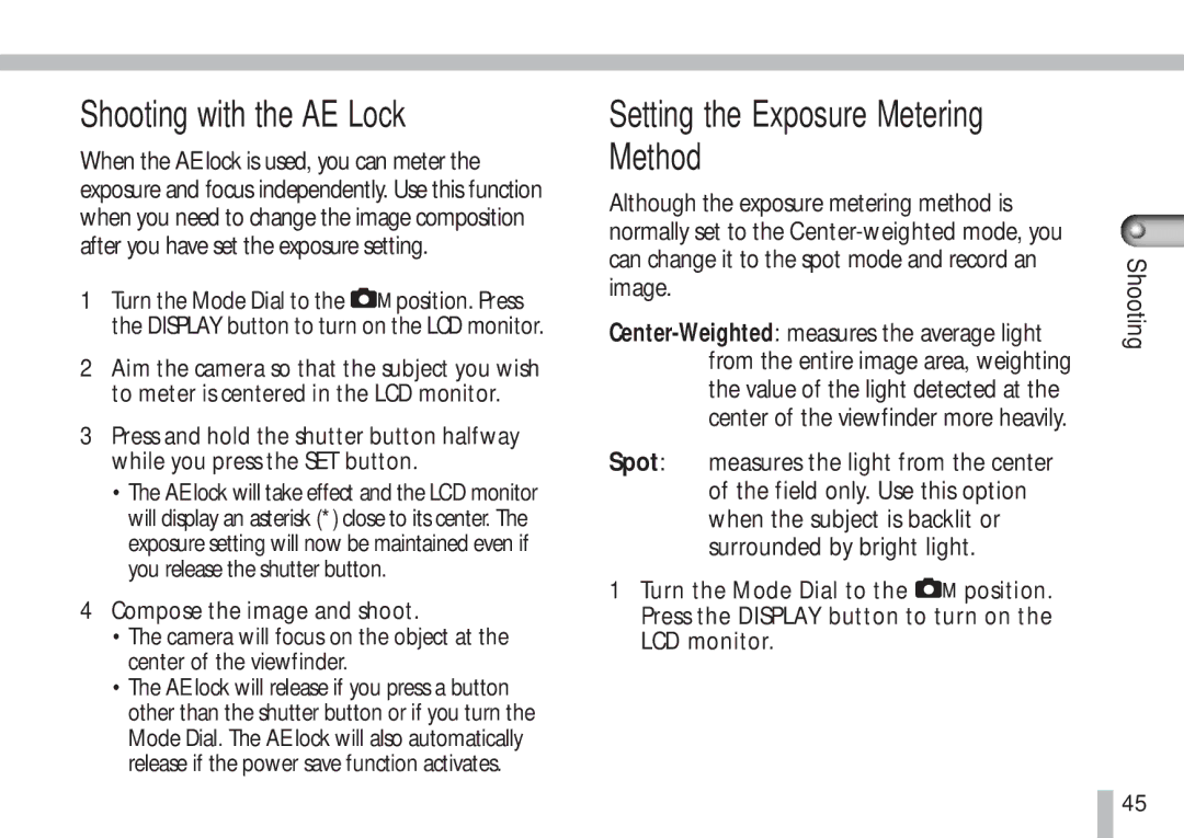 Cannon PS1025 manual Shooting with the AE Lock, Setting the Exposure Metering Method 