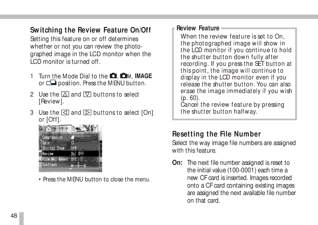 Cannon PS1025 manual Switching the Review Feature On/Off, Resetting the File Number 