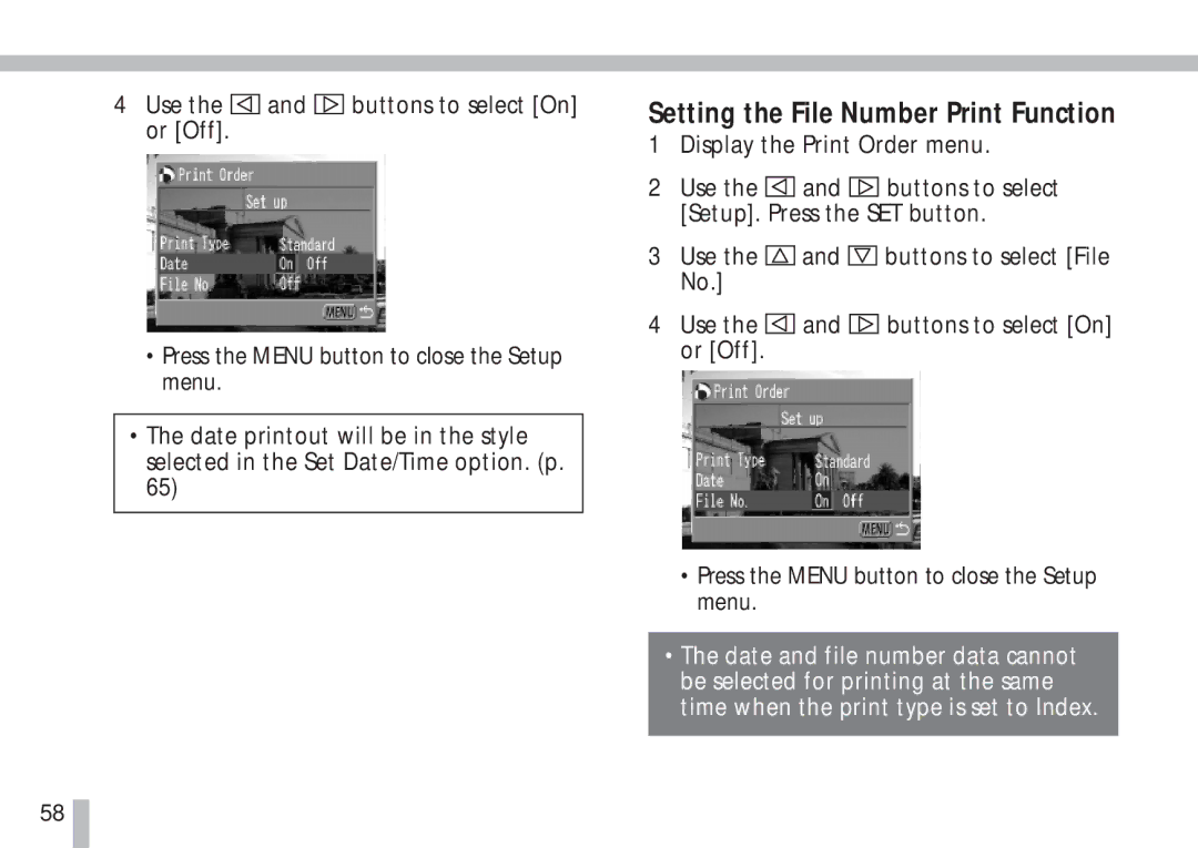 Cannon PS1025 manual Setting the File Number Print Function 