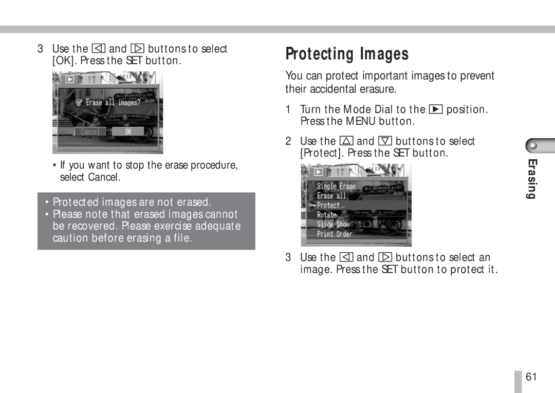 Cannon PS1025 manual Protecting Images, Erasing 