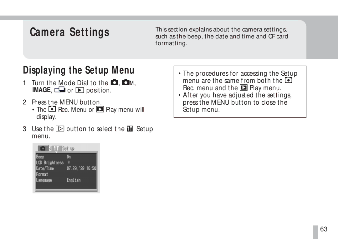 Cannon PS1025 manual Camera Settings, Displaying the Setup Menu 