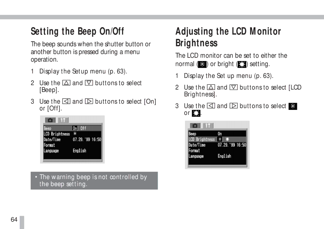 Cannon PS1025 manual Setting the Beep On/Off, Adjusting the LCD Monitor Brightness 