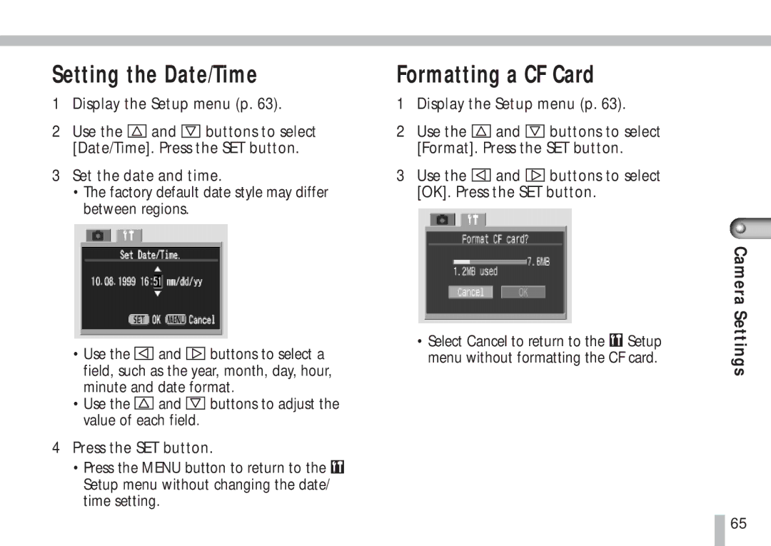 Cannon PS1025 manual Setting the Date/Time, Formatting a CF Card 