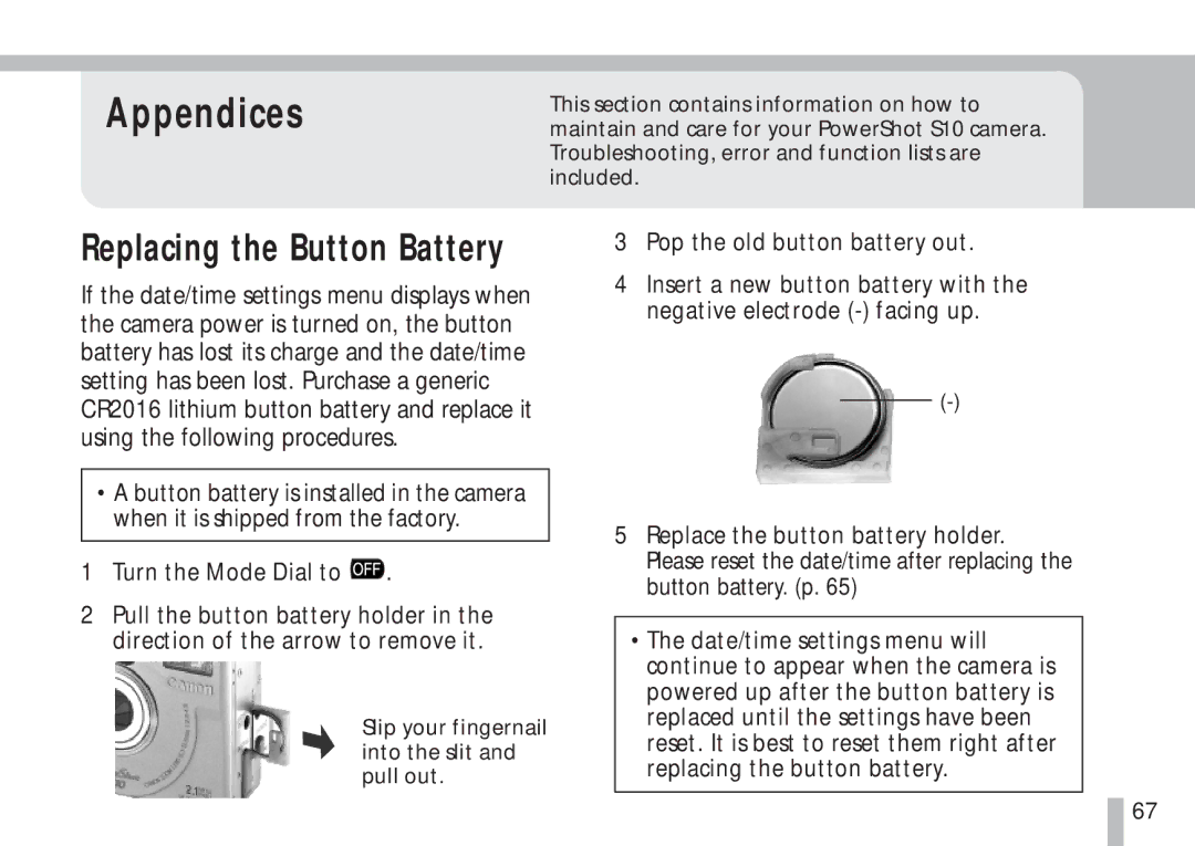 Cannon PS1025 manual Appendices, Replacing the Button Battery 