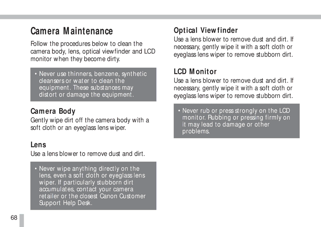 Cannon PS1025 manual Camera Maintenance, Camera Body, Lens, Optical Viewfinder, LCD Monitor 