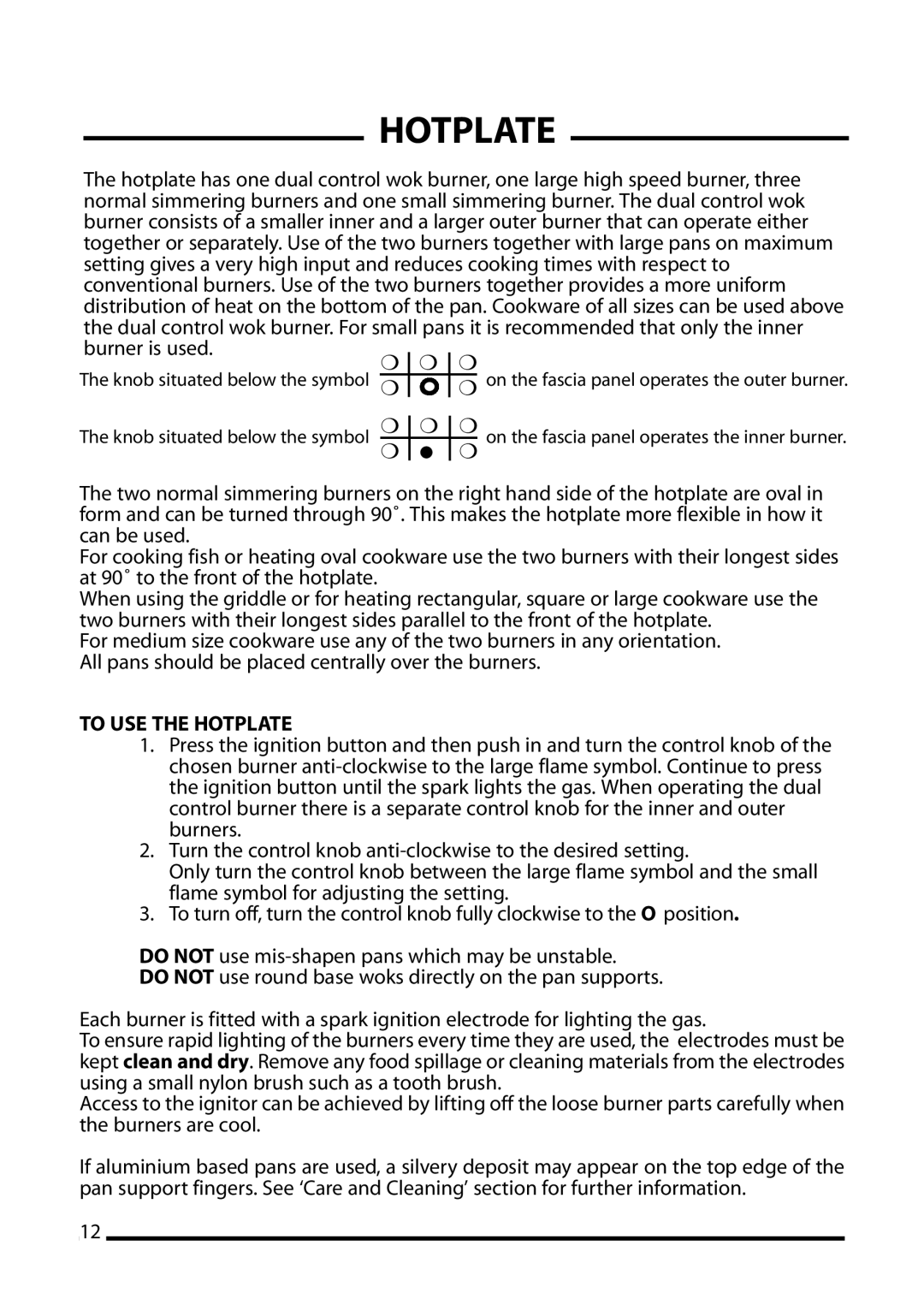 Cannon 10455G, Traditional 1000, Professional 1000, 10450G, 10456G installation instructions To USE the Hotplate 