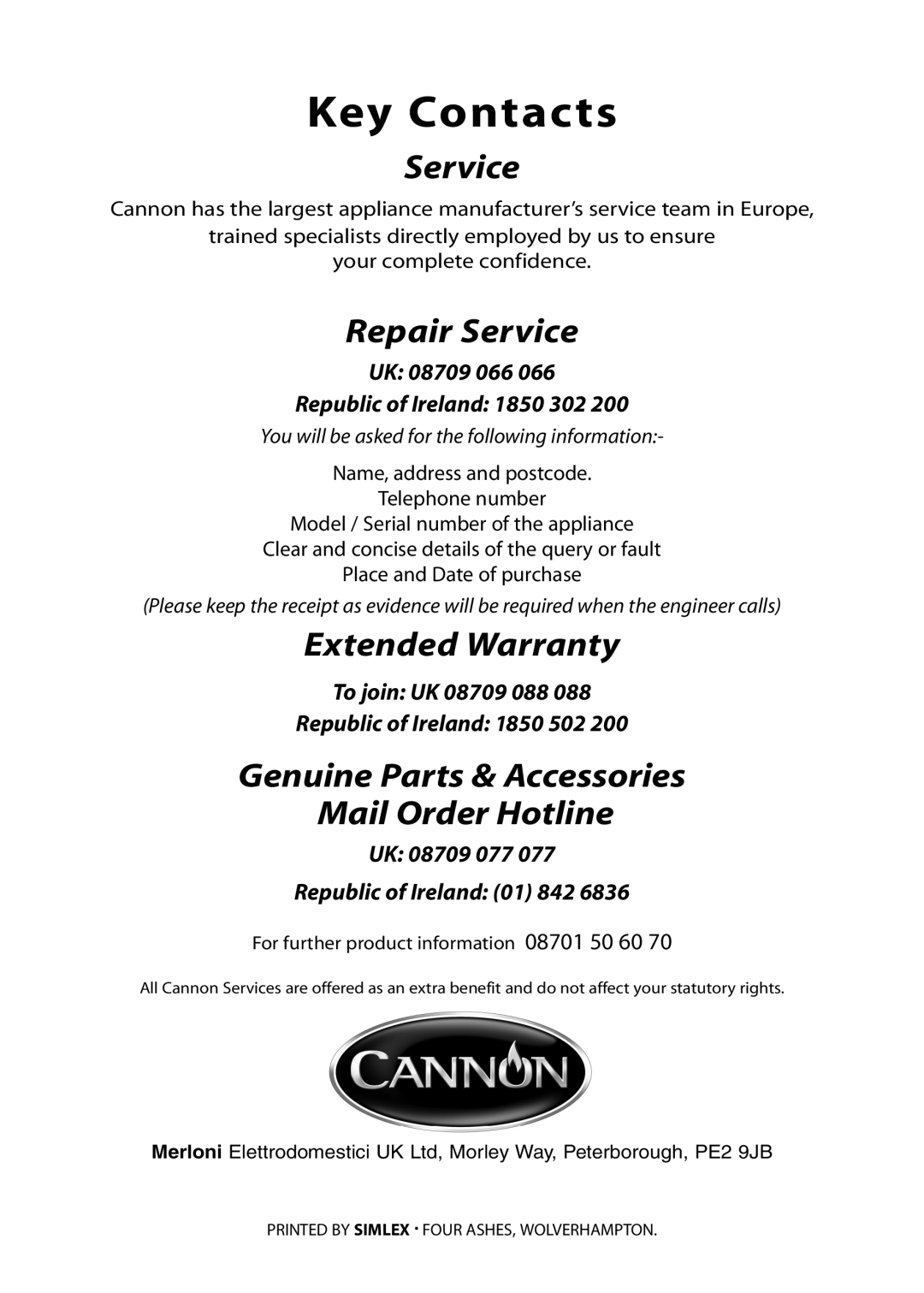 Cannon Professional 1000, Traditional 1000, 10455G, 10450G, 10456G installation instructions Key Contacts 