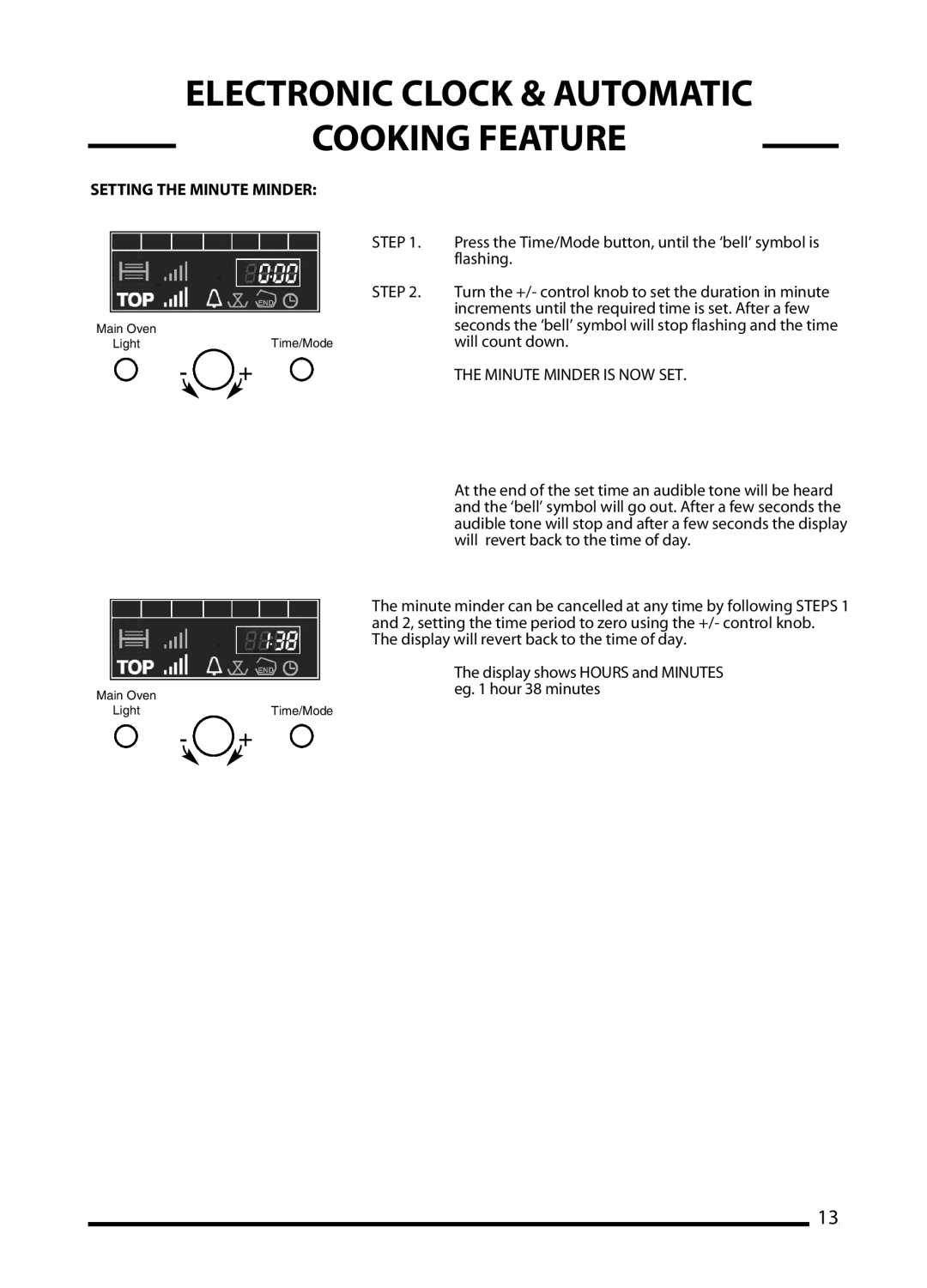 Cannon PROFESSIONAL 60, TRADITIONAL 60, C60DT, C60DP installation instructions Setting the Minute Minder 