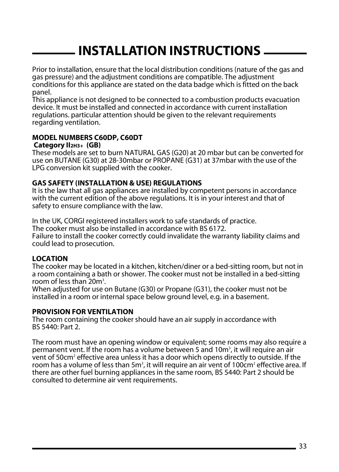 Cannon PROFESSIONAL 60 Installation Instructions, Model Numbers C60DP, C60DT, GAS Safety Installation & USE Regulations 