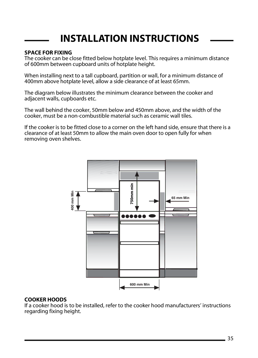 Cannon C60DP, TRADITIONAL 60, PROFESSIONAL 60, C60DT installation instructions Space for Fixing, Cooker Hoods 