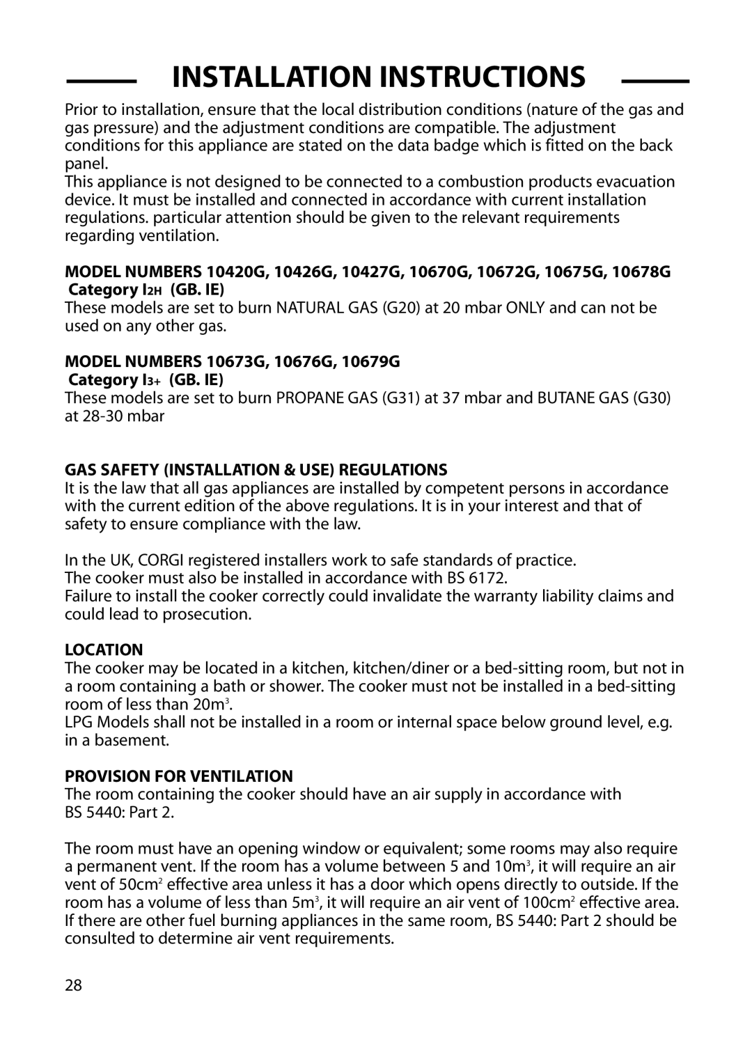 Cannon 10426G Installation Instructions, GAS Safety Installation & USE Regulations, Location, Provision for Ventilation 