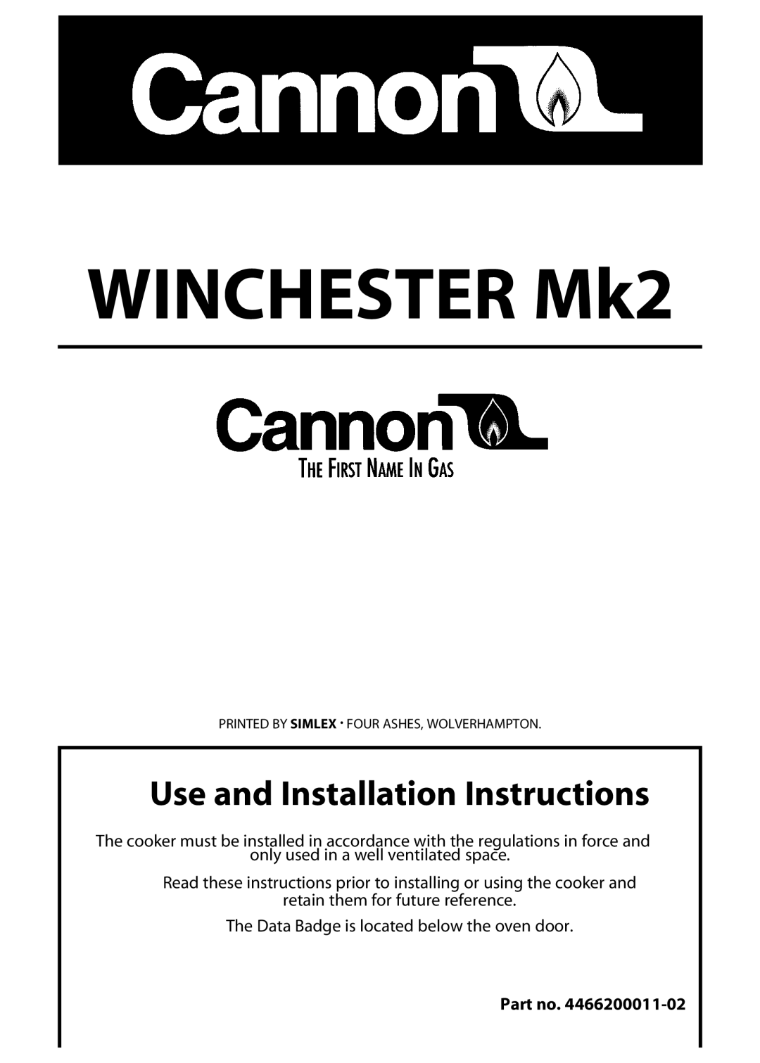 Cannon 10395G Mk2, WINCHESTER Mk2, 4466200011-02, 10390G Mk2 installation instructions Winchester Mk2 